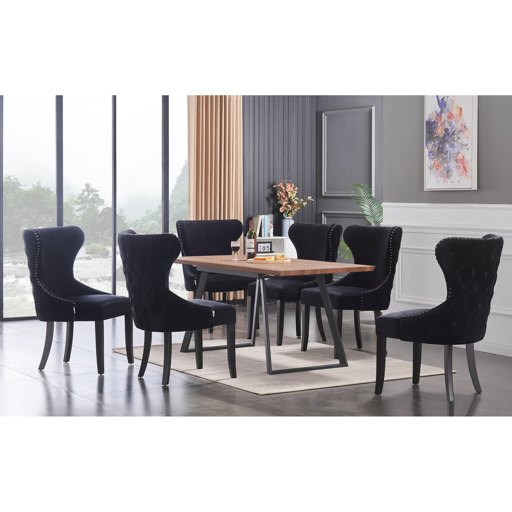 Toga Mayfair LUX Dining Table Set - Toga Extendable Walnut Dining Table w/ a Set of 6 Mayfair LUX Velvet Dining Chairs