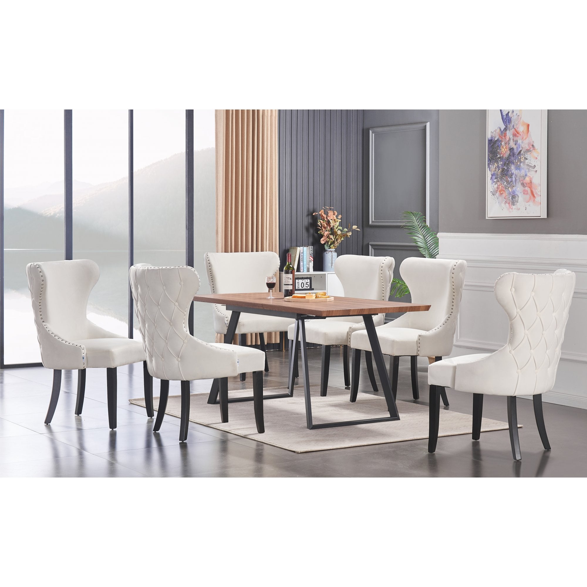 Toga Mayfair LUX Dining Table Set - Toga Extendable Walnut Dining Table w/ a Set of 6 Mayfair LUX Velvet Dining Chairs