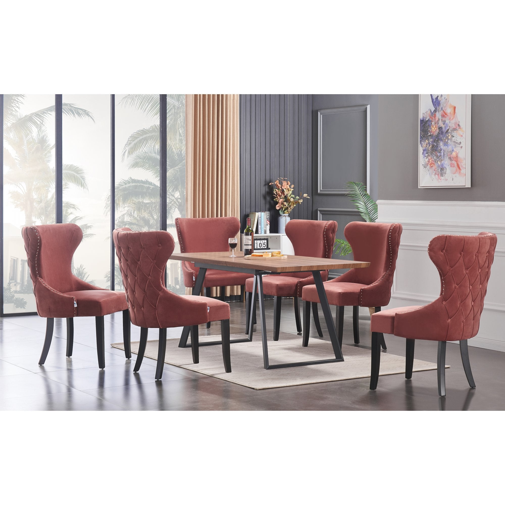 Toga Mayfair LUX Dining Table Set - Toga Extendable Walnut Dining Table w/ a Set of 6 Mayfair LUX Velvet Dining Chairs