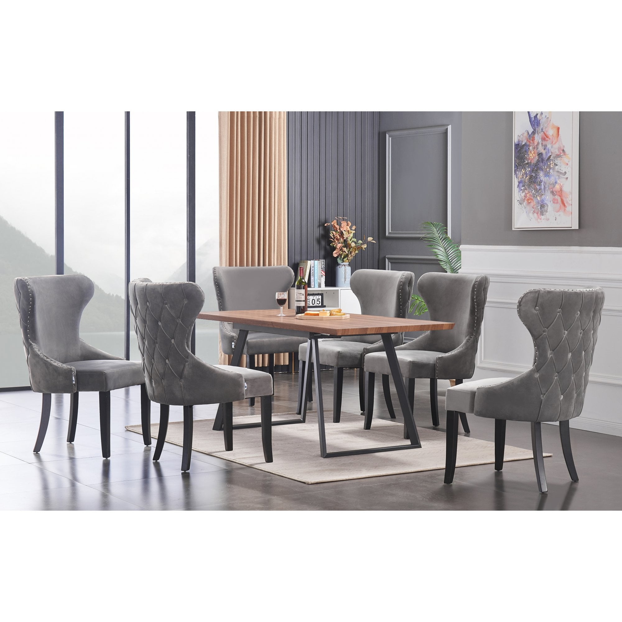 Toga Mayfair LUX Dining Table Set - Toga Extendable Walnut Dining Table w/ a Set of 6 Mayfair LUX Velvet Dining Chairs