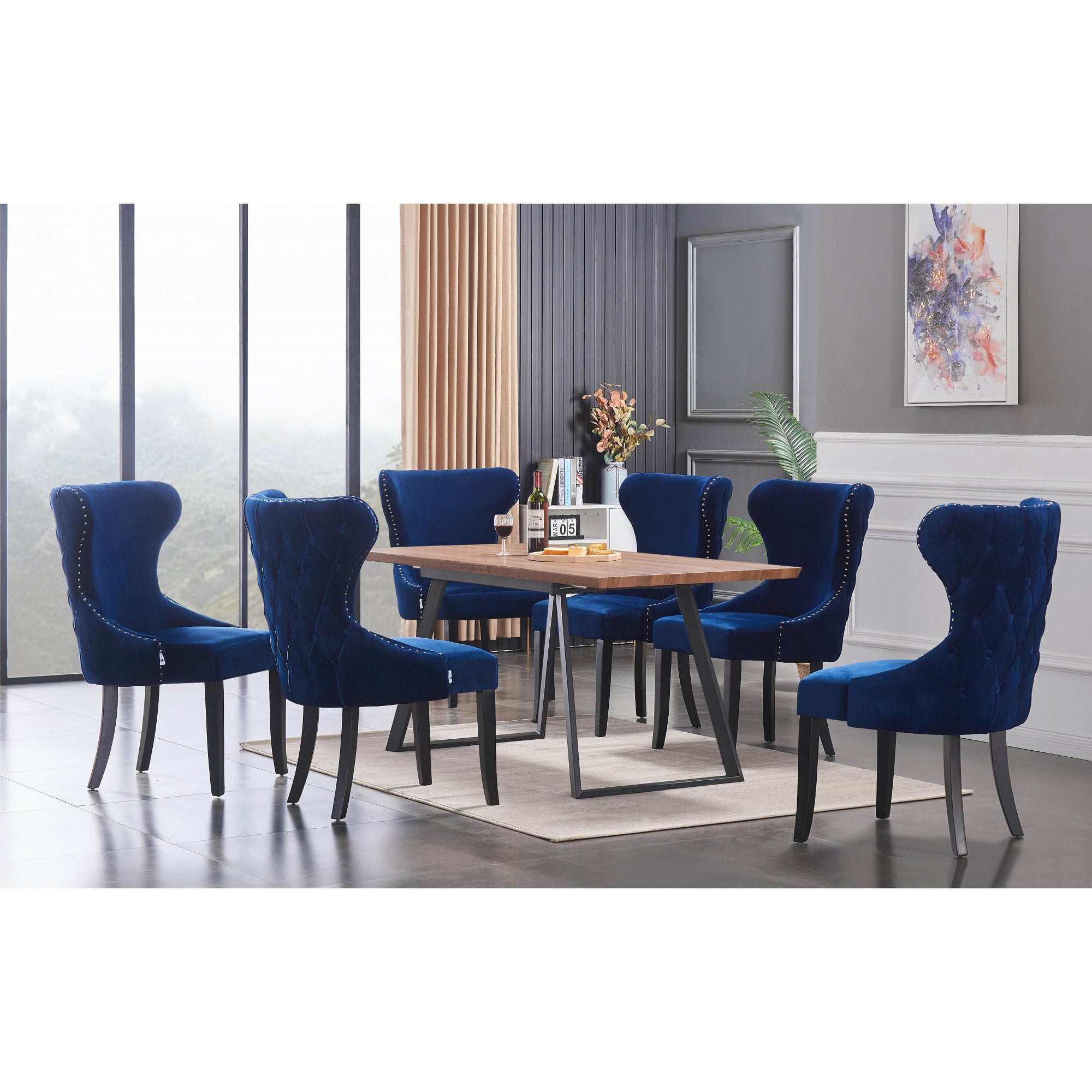 Toga Mayfair LUX Dining Table Set - Toga Extendable Walnut Dining Table w/ a Set of 6 Mayfair LUX Velvet Dining Chairs