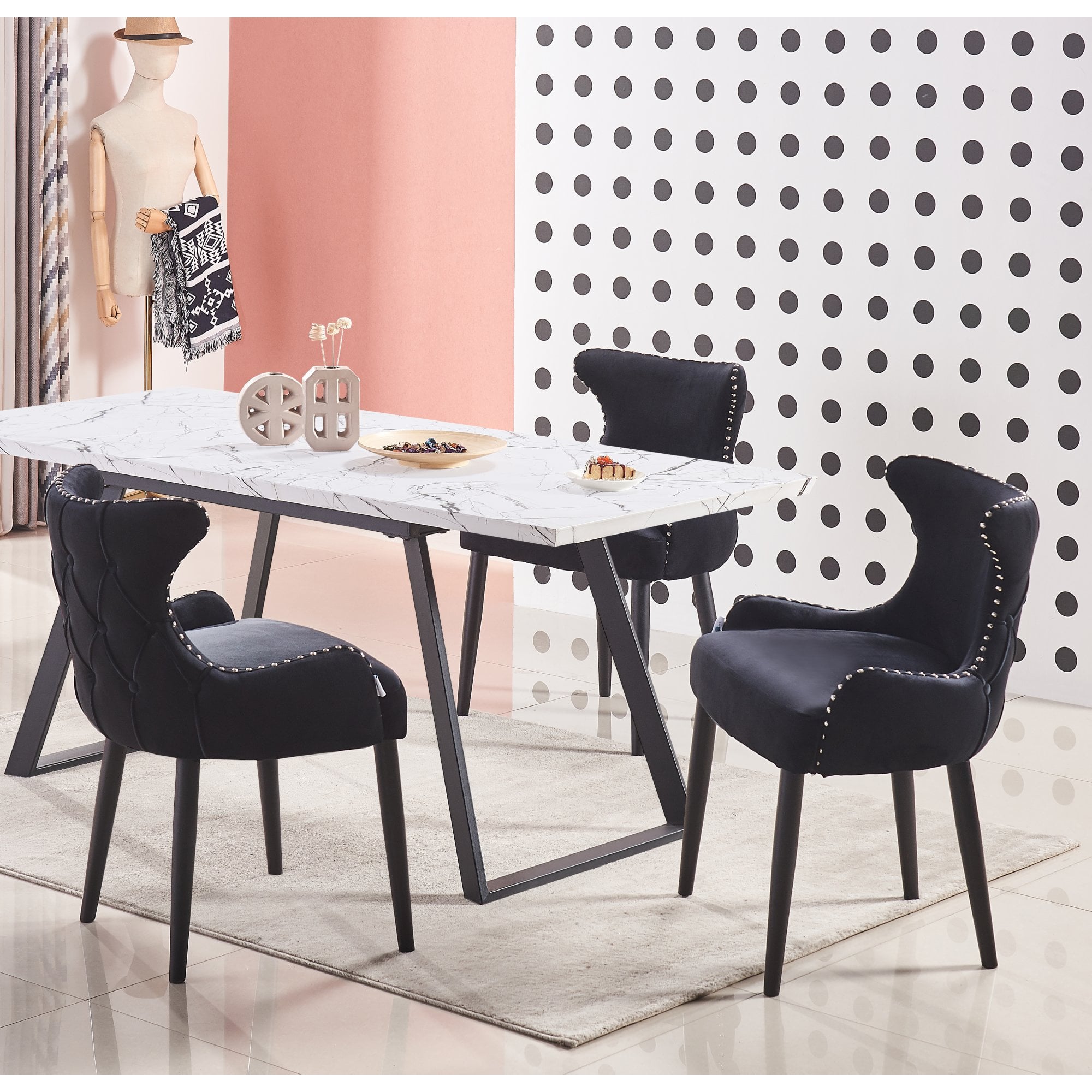 Toga Oxford LUX Dining Set - Toga Extendable White Dining Table w/ a Set of 4 Oxford LUX Velvet Dining Chairs