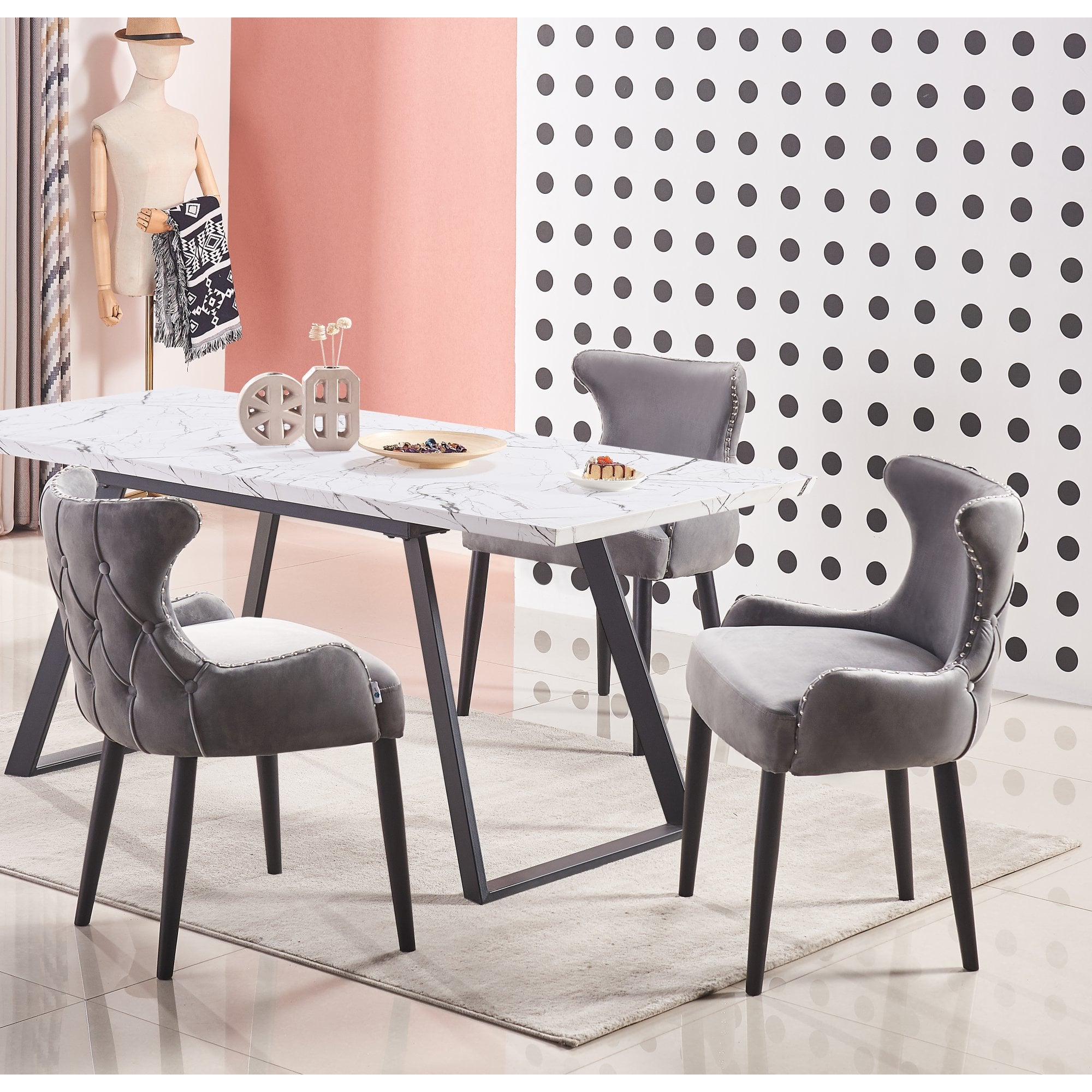 Toga Oxford LUX Dining Set - Toga Extendable White Dining Table w/ a Set of 4 Oxford LUX Velvet Dining Chairs