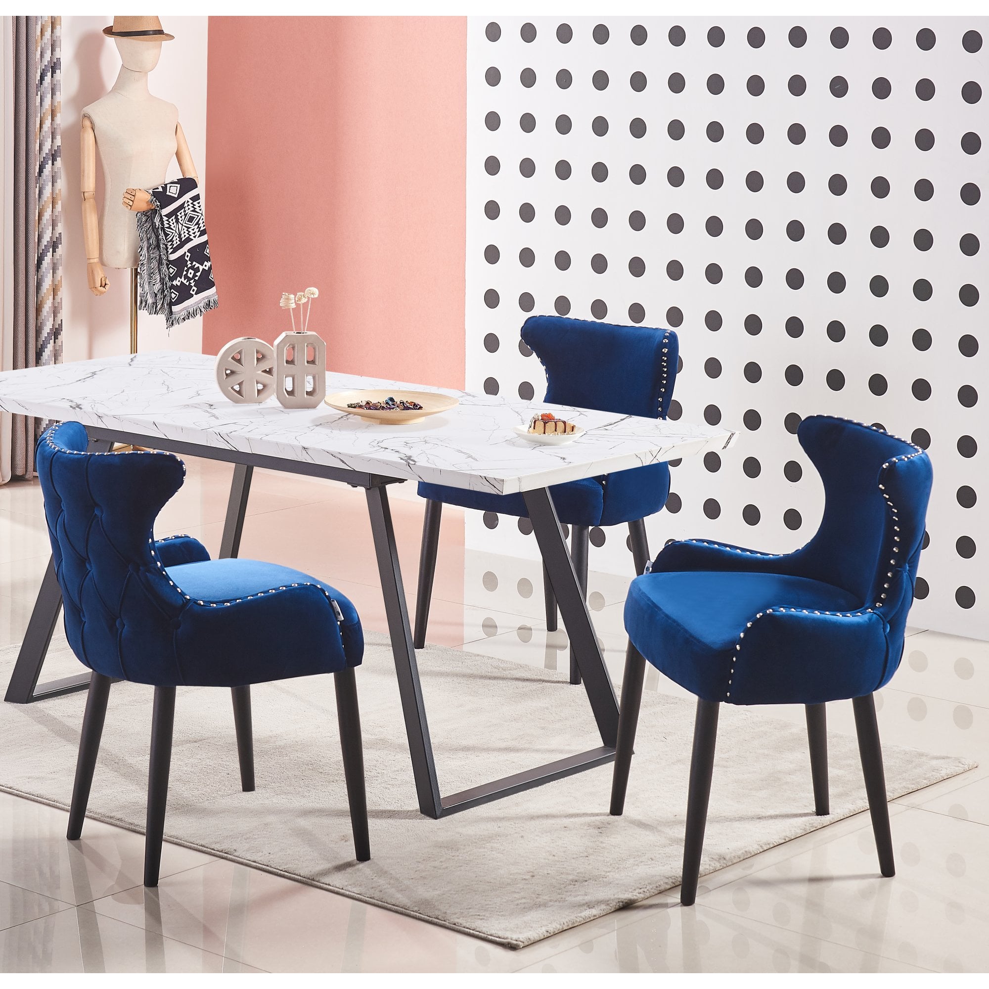 Toga Oxford LUX Dining Set - Toga Extendable White Dining Table w/ a Set of 4 Oxford LUX Velvet Dining Chairs