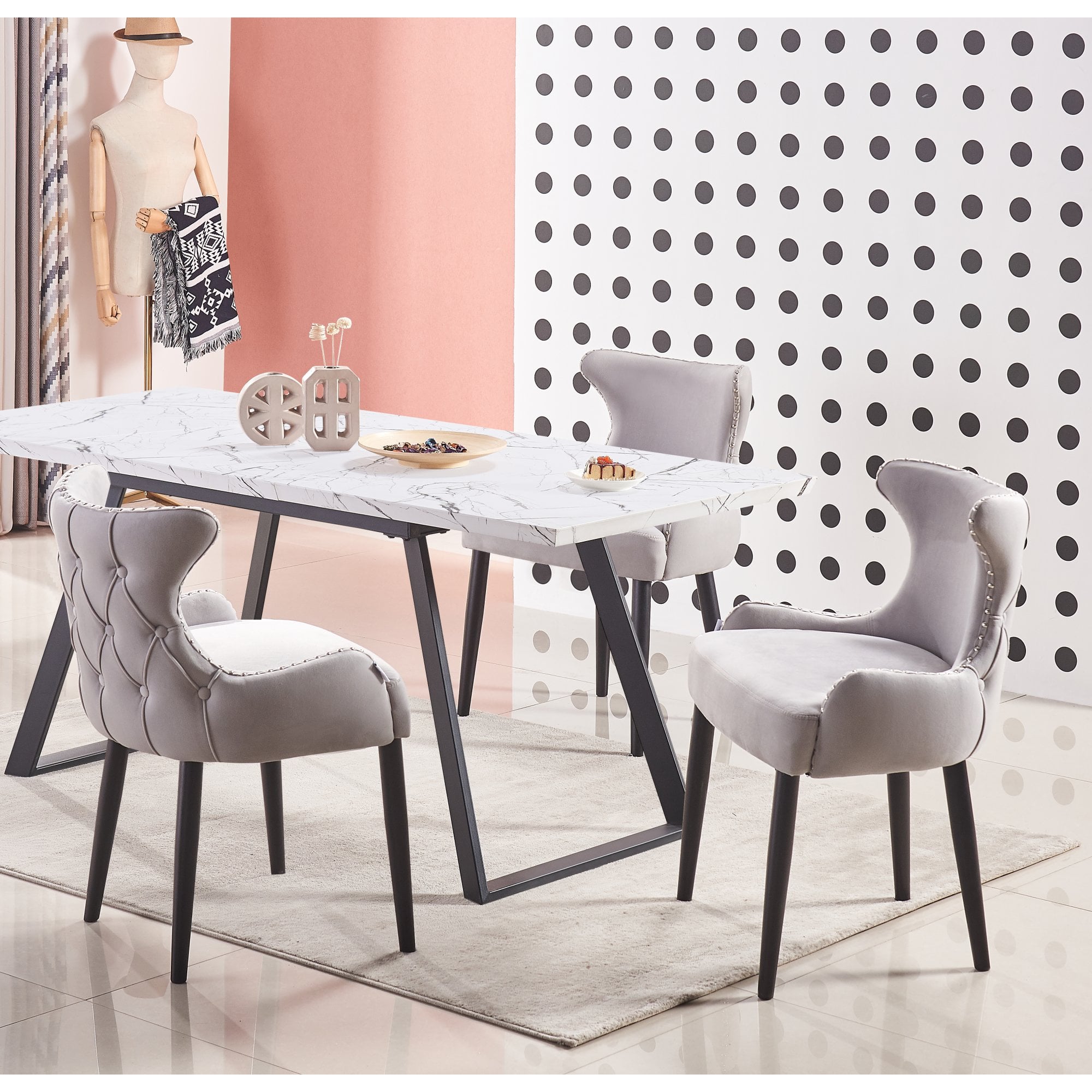 Toga Oxford LUX Dining Set - Toga Extendable White Dining Table w/ a Set of 4 Oxford LUX Velvet Dining Chairs