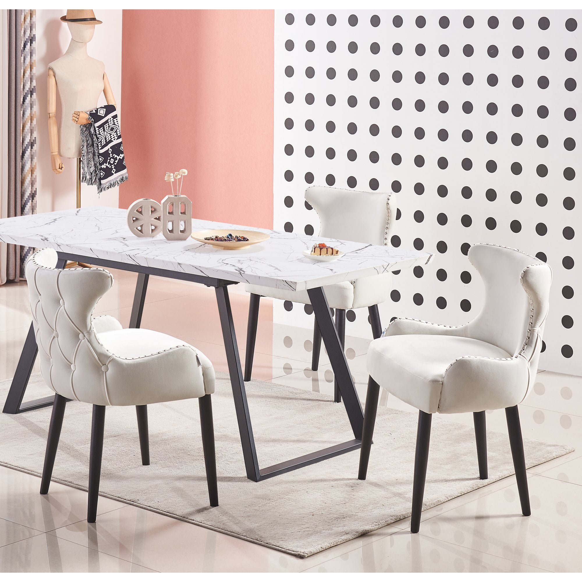 Toga Oxford LUX Dining Set - Toga Extendable White Dining Table w/ a Set of 4 Oxford LUX Velvet Dining Chairs