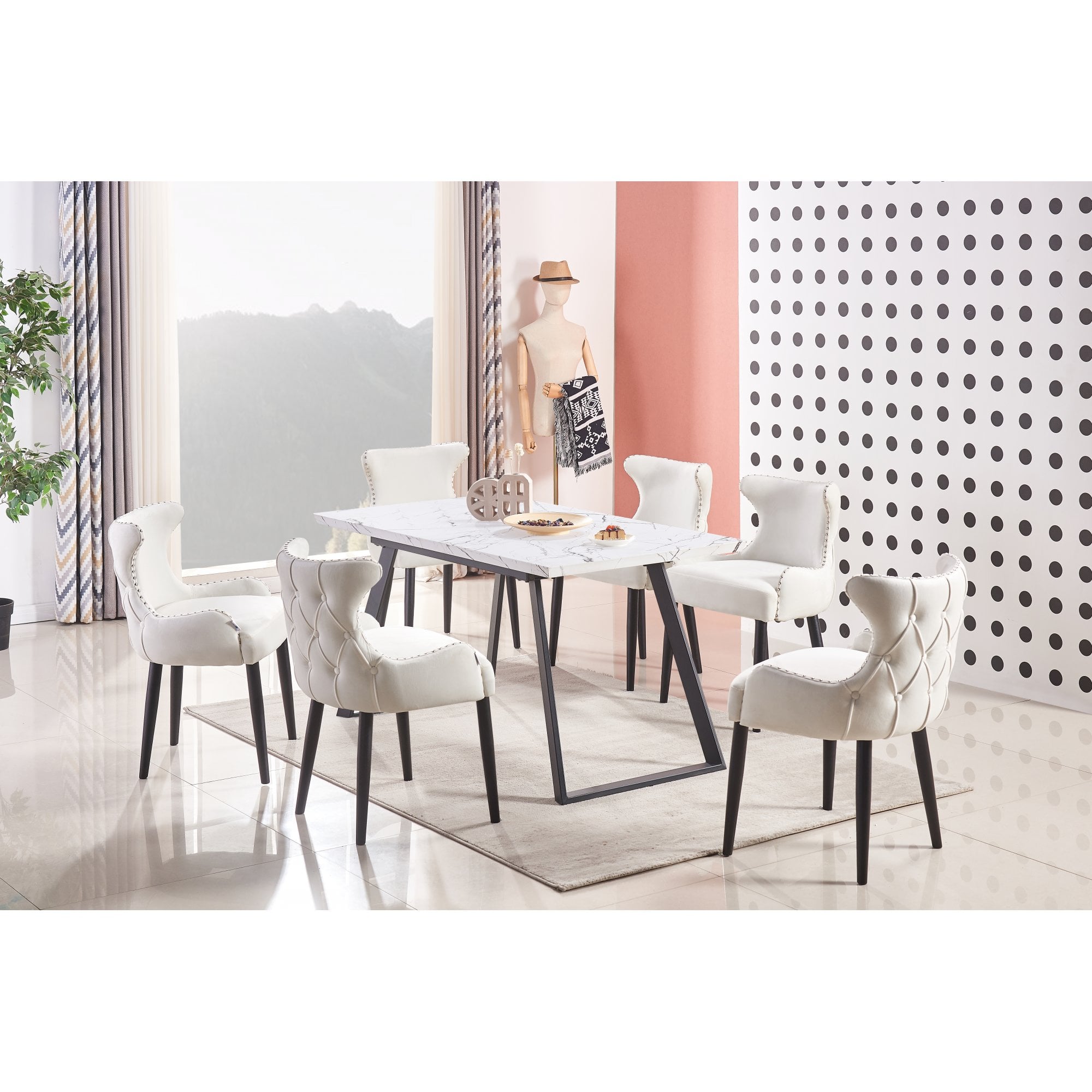 Toga Oxford LUX Dining Set - Toga Extendable White Dining Table w/ a Set of 6 Oxford LUX Velvet Dining Chairs