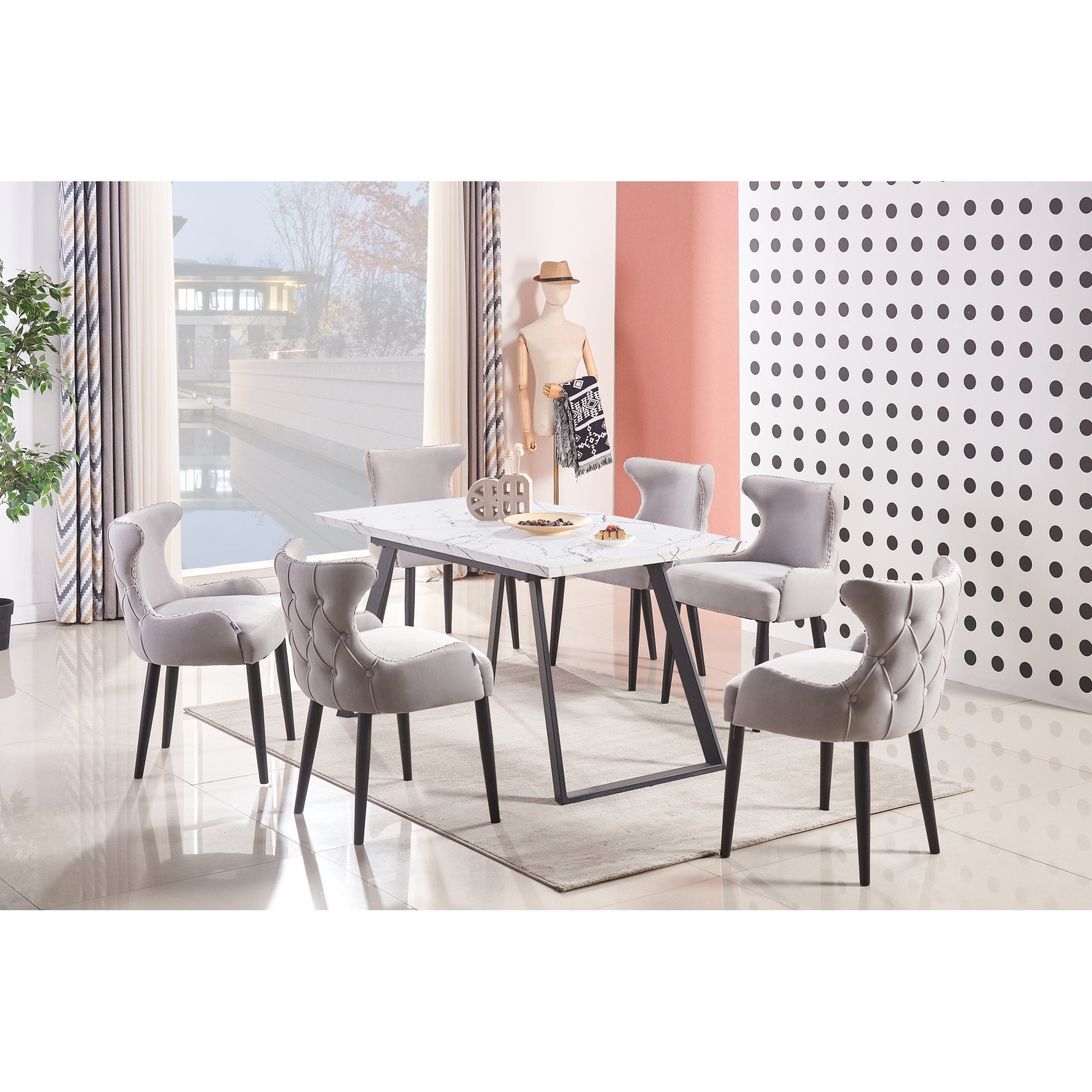 Toga Oxford LUX Dining Set - Toga Extendable White Dining Table w/ a Set of 6 Oxford LUX Velvet Dining Chairs