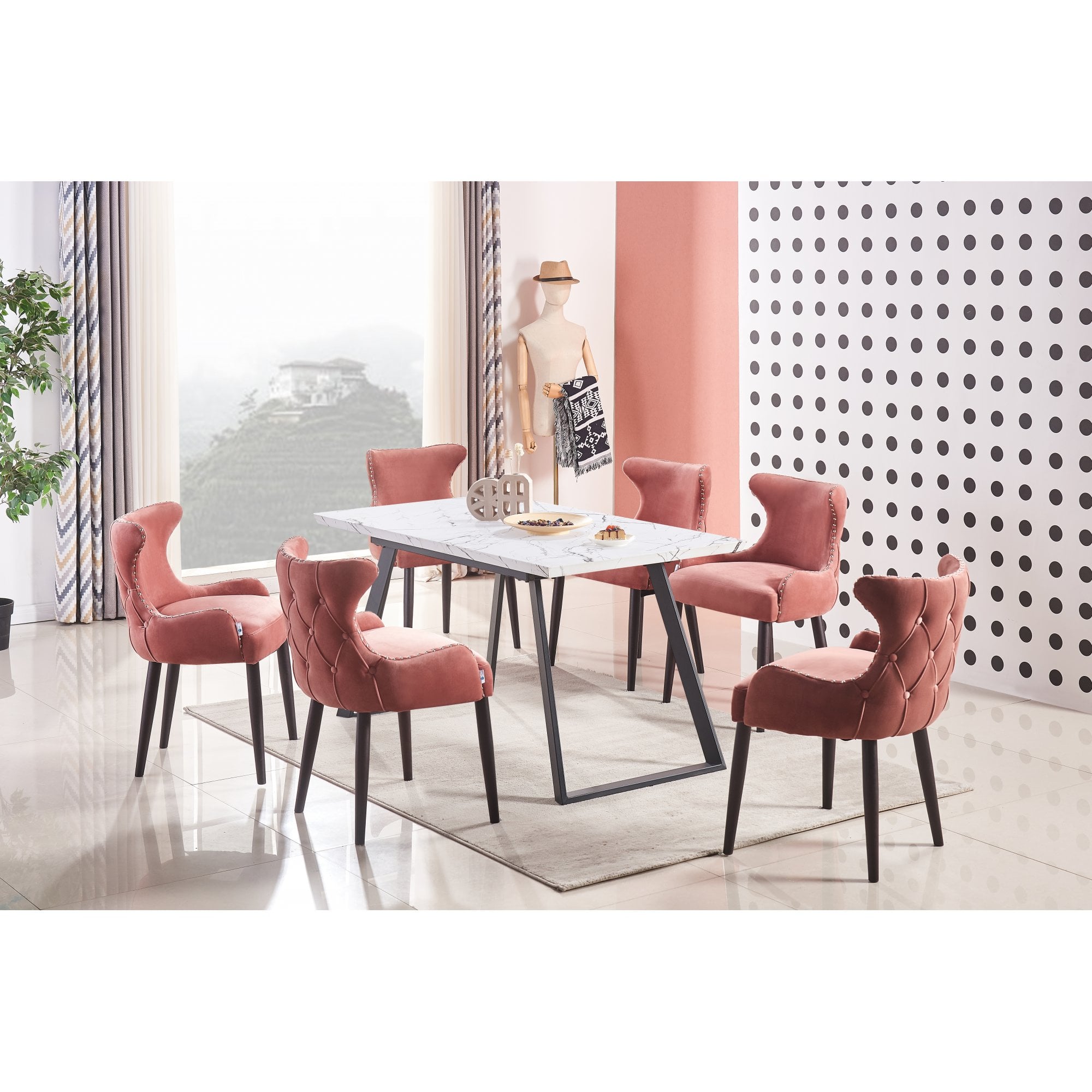 Toga Oxford LUX Dining Set - Toga Extendable White Dining Table w/ a Set of 6 Oxford LUX Velvet Dining Chairs