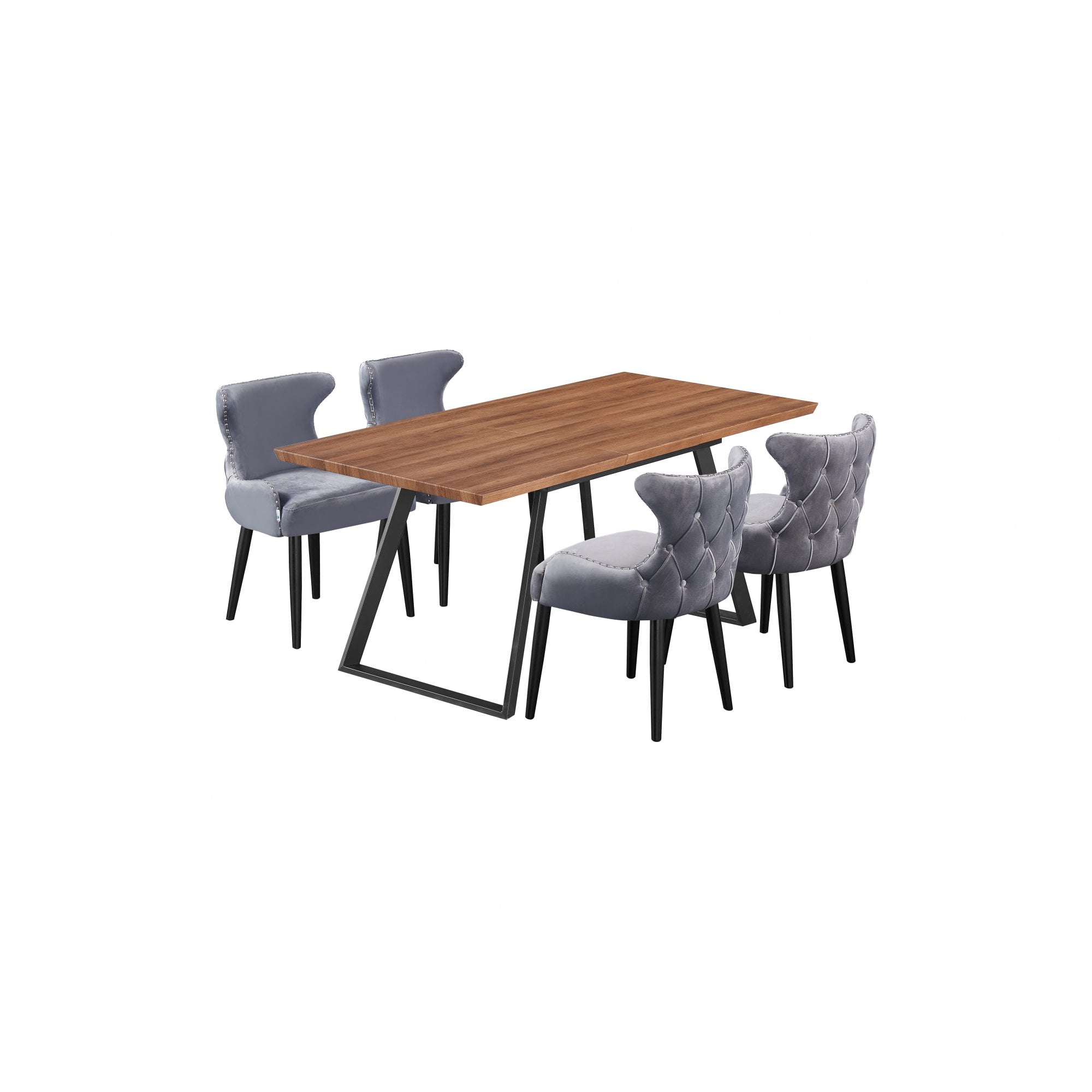 Toga Oxford LUX Dining Set - Toga Extendable Walnut Dining Table w/ a Set of 4 Oxford LUX Velvet Dining Chairs