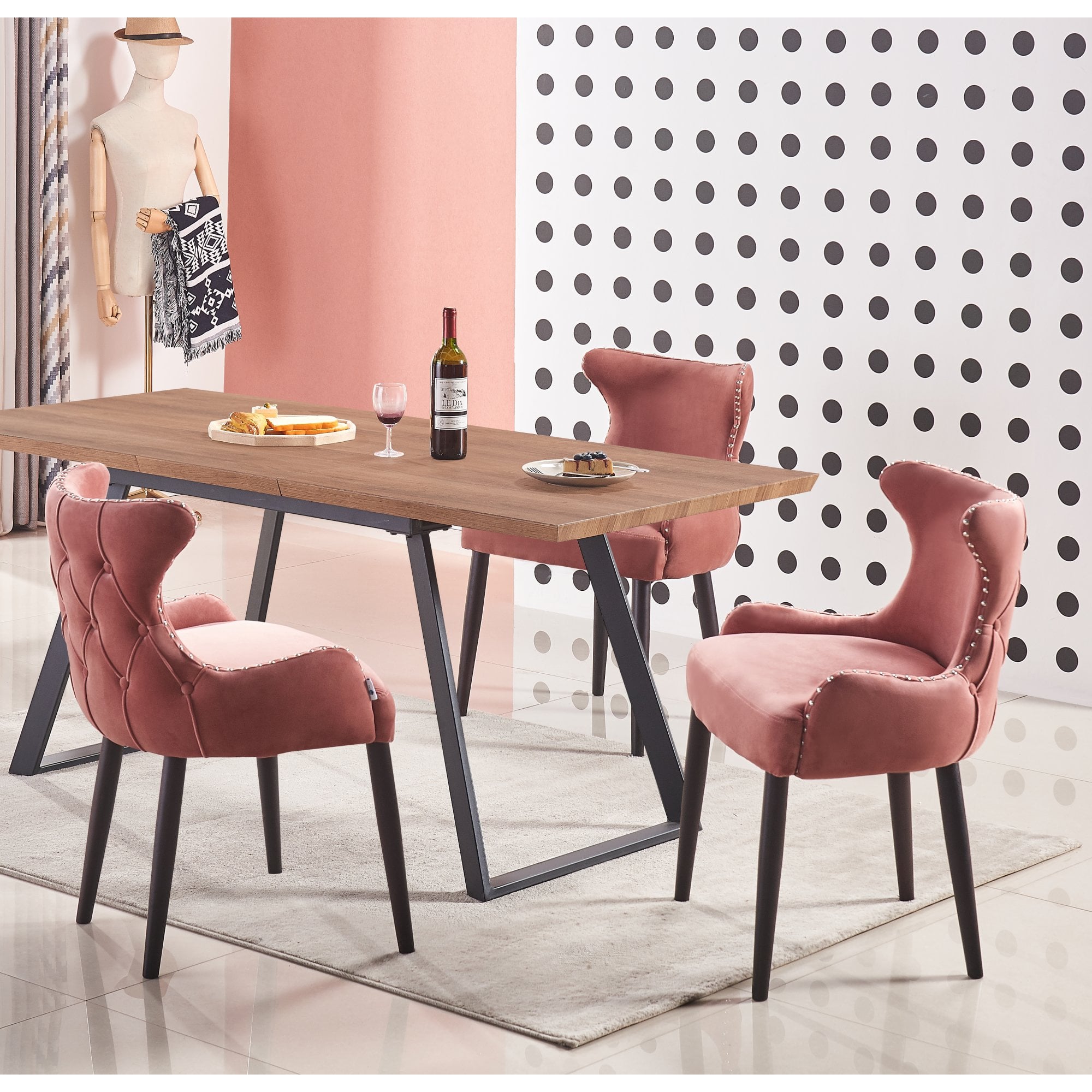 Toga Oxford LUX Dining Set - Toga Extendable Walnut Dining Table w/ a Set of 4 Oxford LUX Velvet Dining Chairs