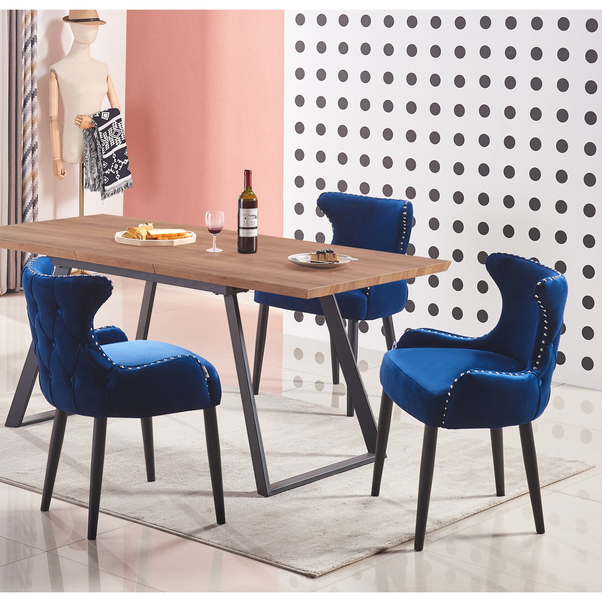 Toga Oxford LUX Dining Set - Toga Extendable Walnut Dining Table w/ a Set of 4 Oxford LUX Velvet Dining Chairs
