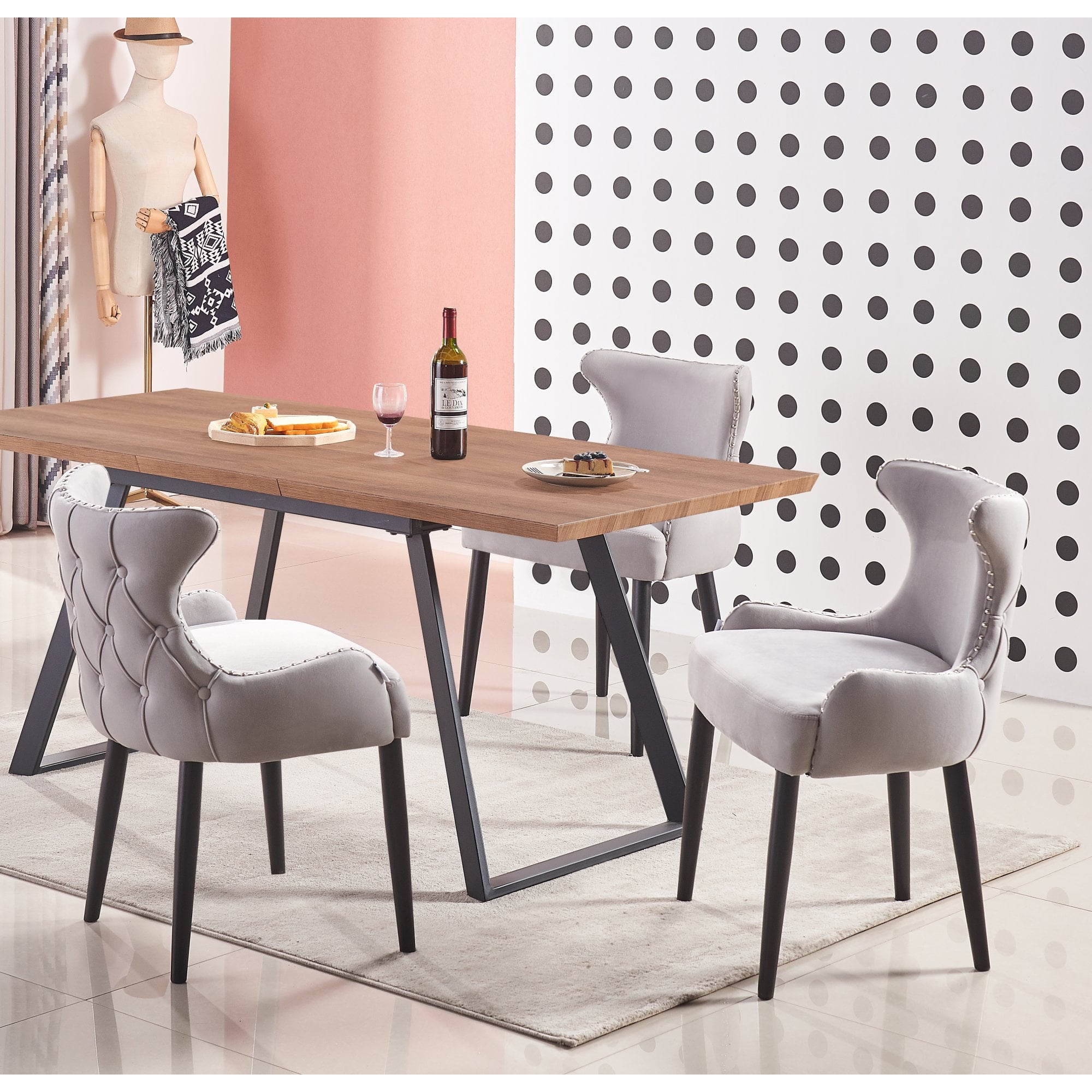 Toga Oxford LUX Dining Set - Toga Extendable Walnut Dining Table w/ a Set of 4 Oxford LUX Velvet Dining Chairs