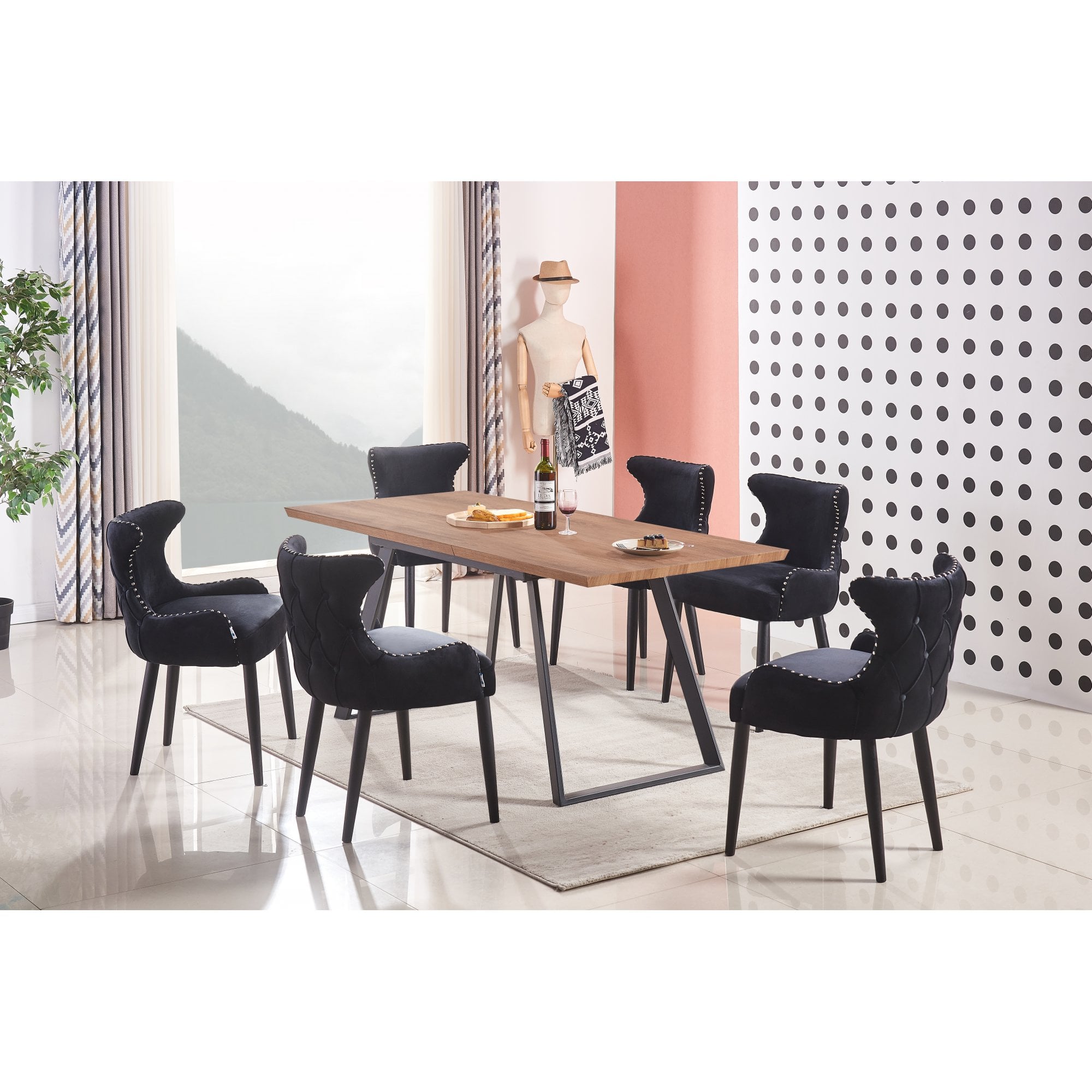 Toga Oxford LUX Dining Set - Toga Extendable Walnut Dining Table w/ a Set of 6 Oxford LUX Velvet Dining Chairs