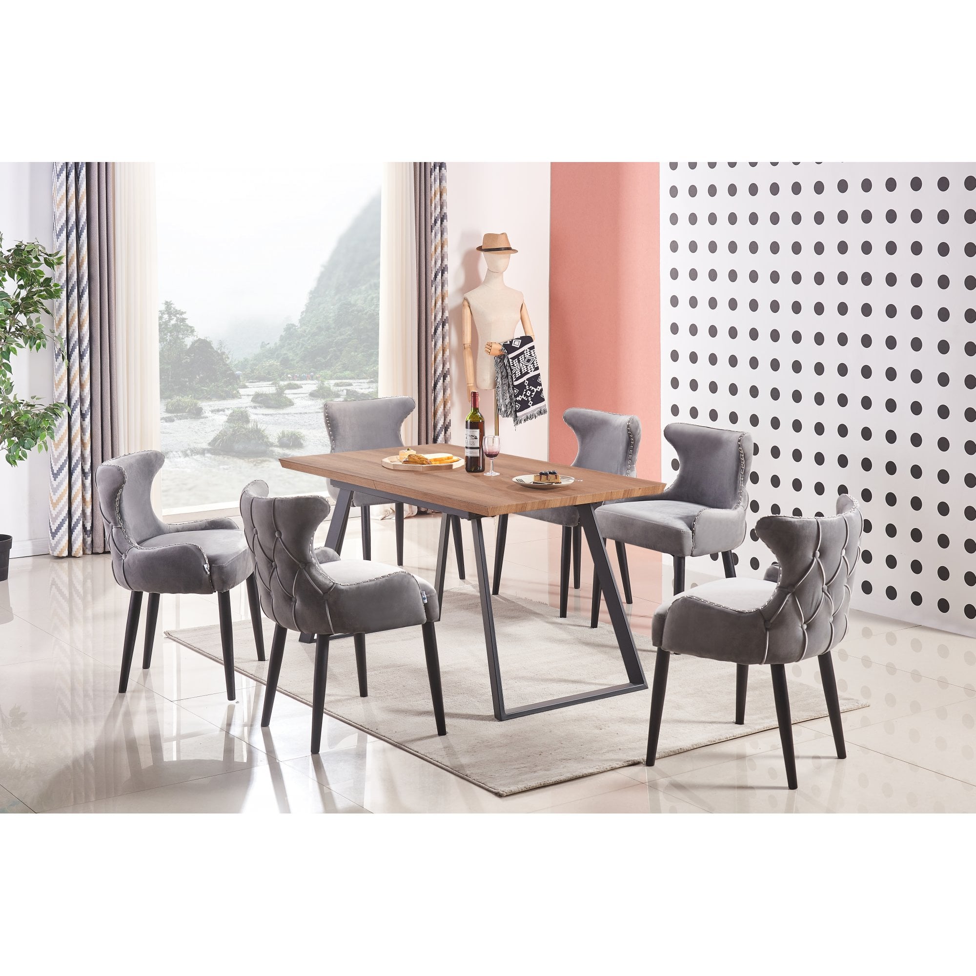 Toga Oxford LUX Dining Set - Toga Extendable Walnut Dining Table w/ a Set of 6 Oxford LUX Velvet Dining Chairs