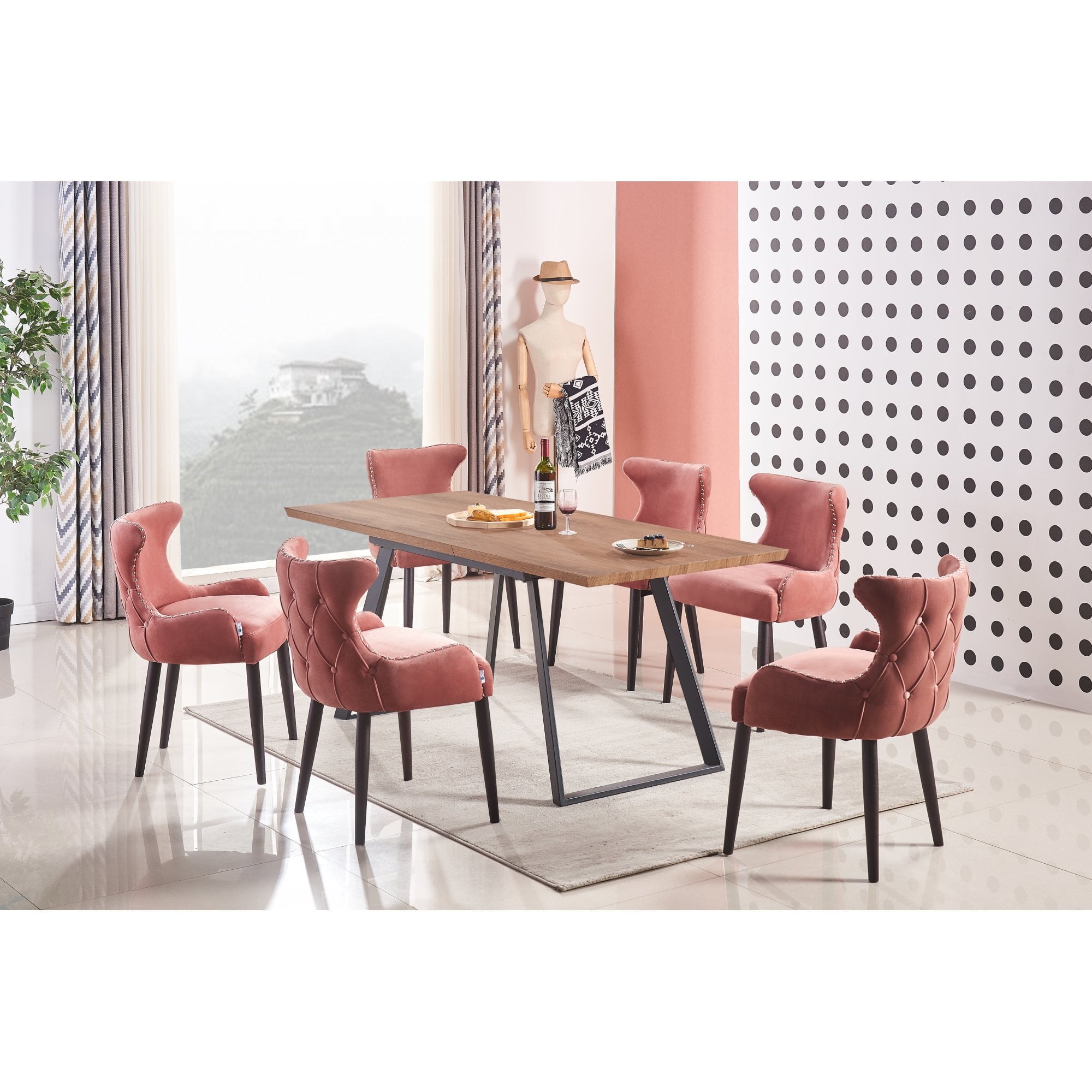Toga Oxford LUX Dining Set - Toga Extendable Walnut Dining Table w/ a Set of 6 Oxford LUX Velvet Dining Chairs