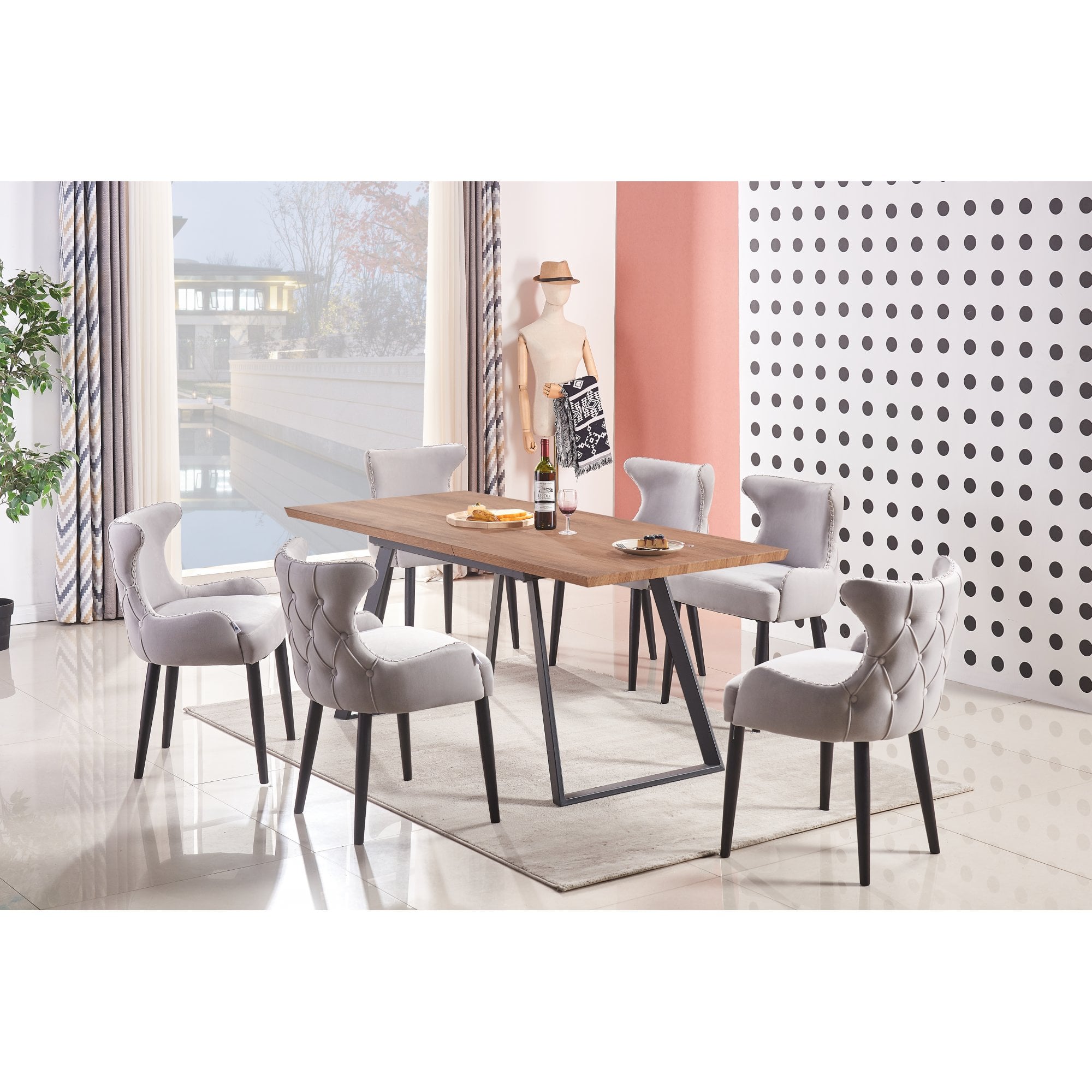Toga Oxford LUX Dining Set - Toga Extendable Walnut Dining Table w/ a Set of 6 Oxford LUX Velvet Dining Chairs