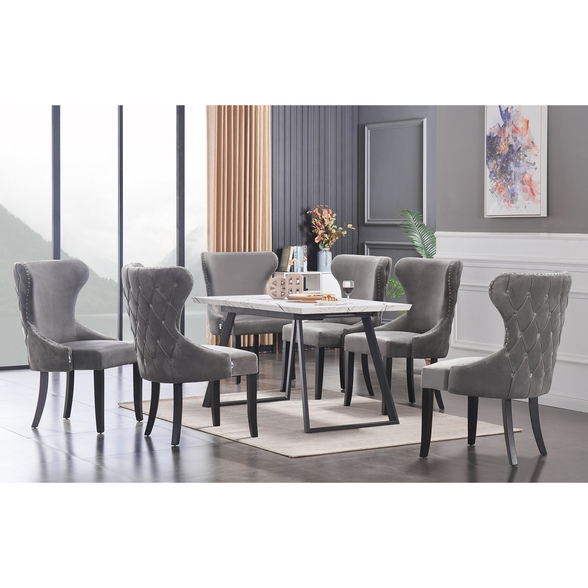 Toga Mayfair LUX Dining Table Set - Toga Extendable White Dining Table w/ a Set of 6 Mayfair LUX Velvet Dining Chairs