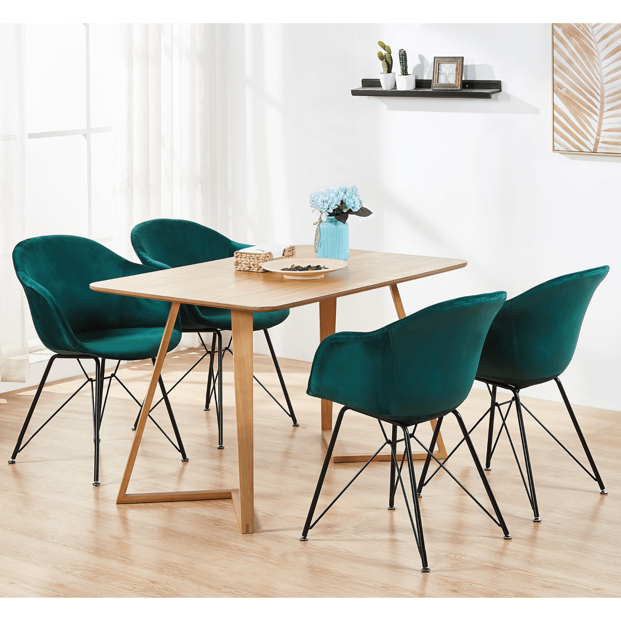Valentina Dallas Dining Table Chairs Set of 4 - An Oak Dining Table & Set of 4 Black Velvet Dining Chairs