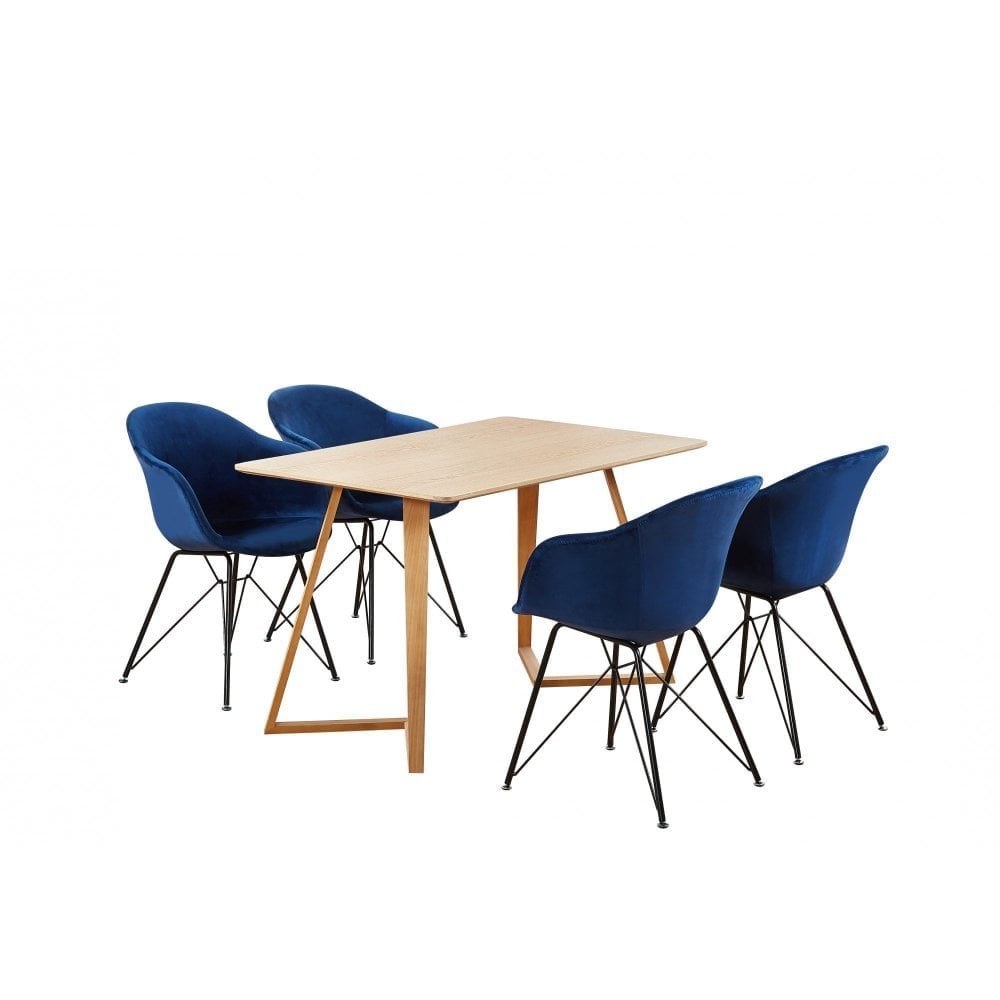 Valentina Dallas Dining Table Chairs Set of 4 - An Oak Dining Table & Set of 4 Black Velvet Dining Chairs