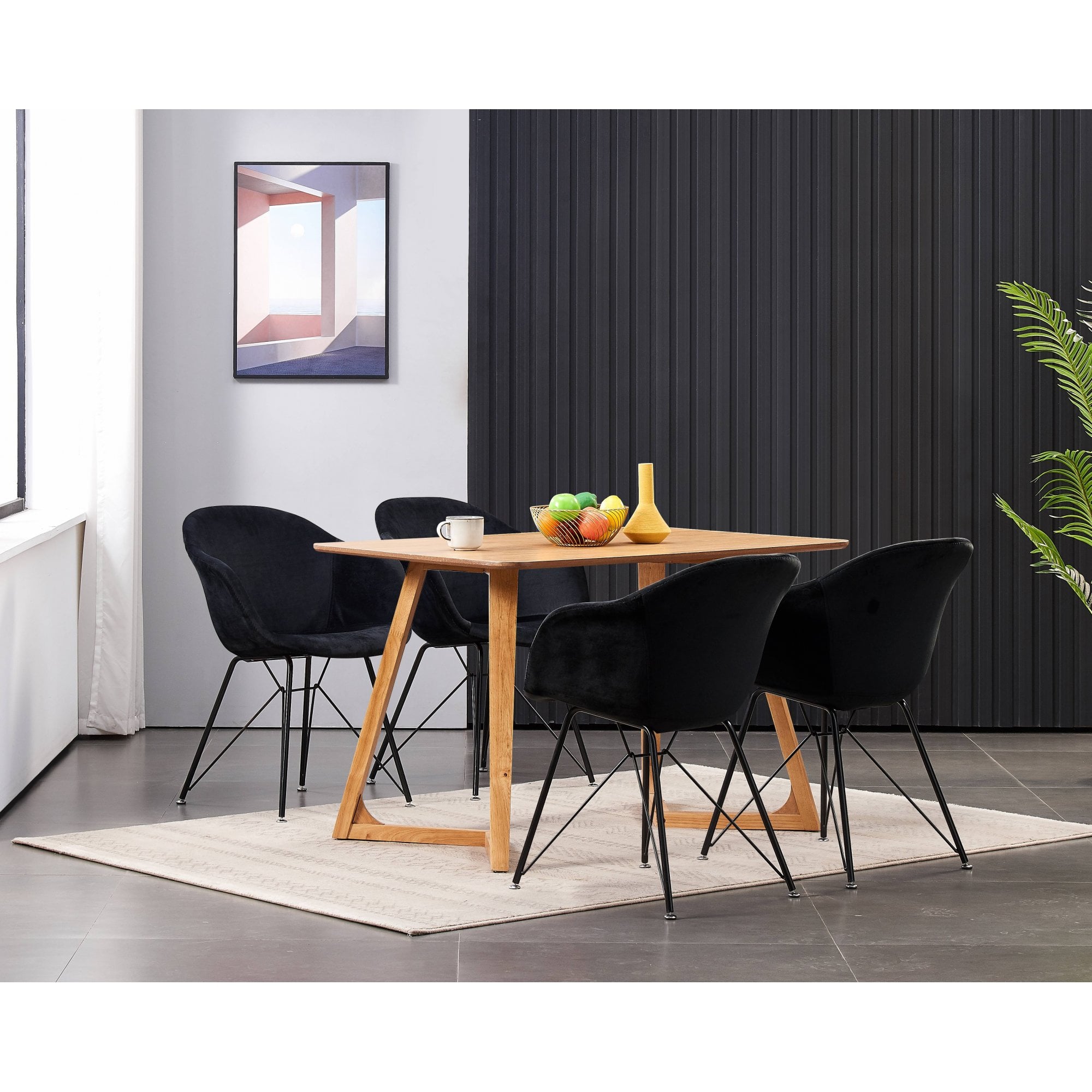 Valentina Dallas Dining Table Chairs Set of 4 - An Oak Dining Table & Set of 4 Black Velvet Dining Chairs