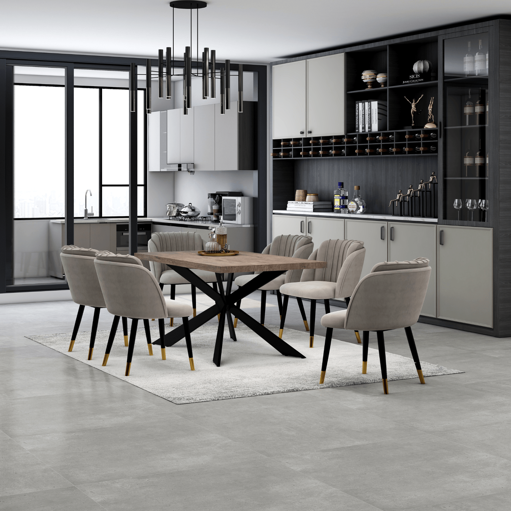 Milano Duke LUX Dining Set | a Walnut Dining Table & 6 Velvet Dining Chairs with Silver End Caps