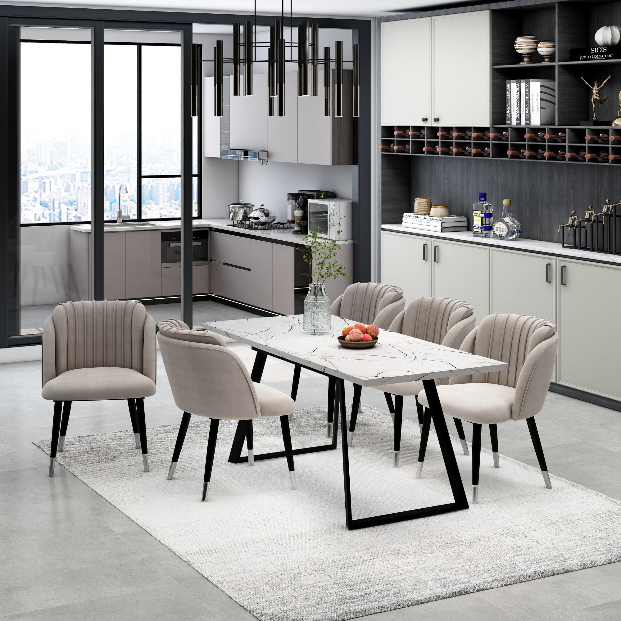 Milano Toga Extendable Dining Set | a White Extendable Dining Table & 6 Dining Chairs with Silver End Caps