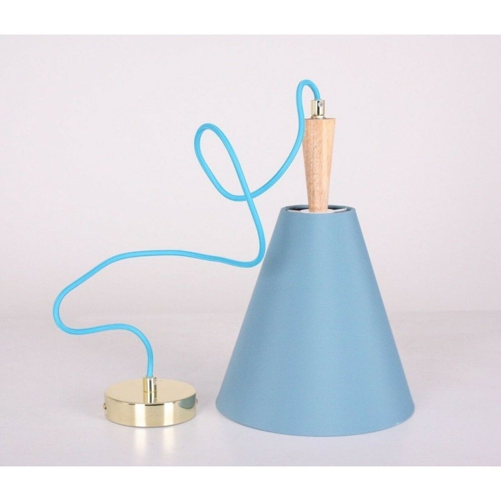 Luce Hanging Blue Ceiling Light with Oak Wood Spindle