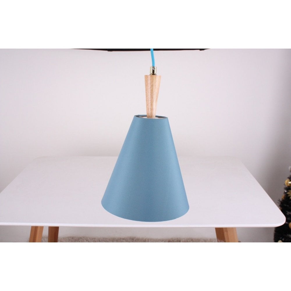 Luce Hanging Blue Ceiling Light with Oak Wood Spindle