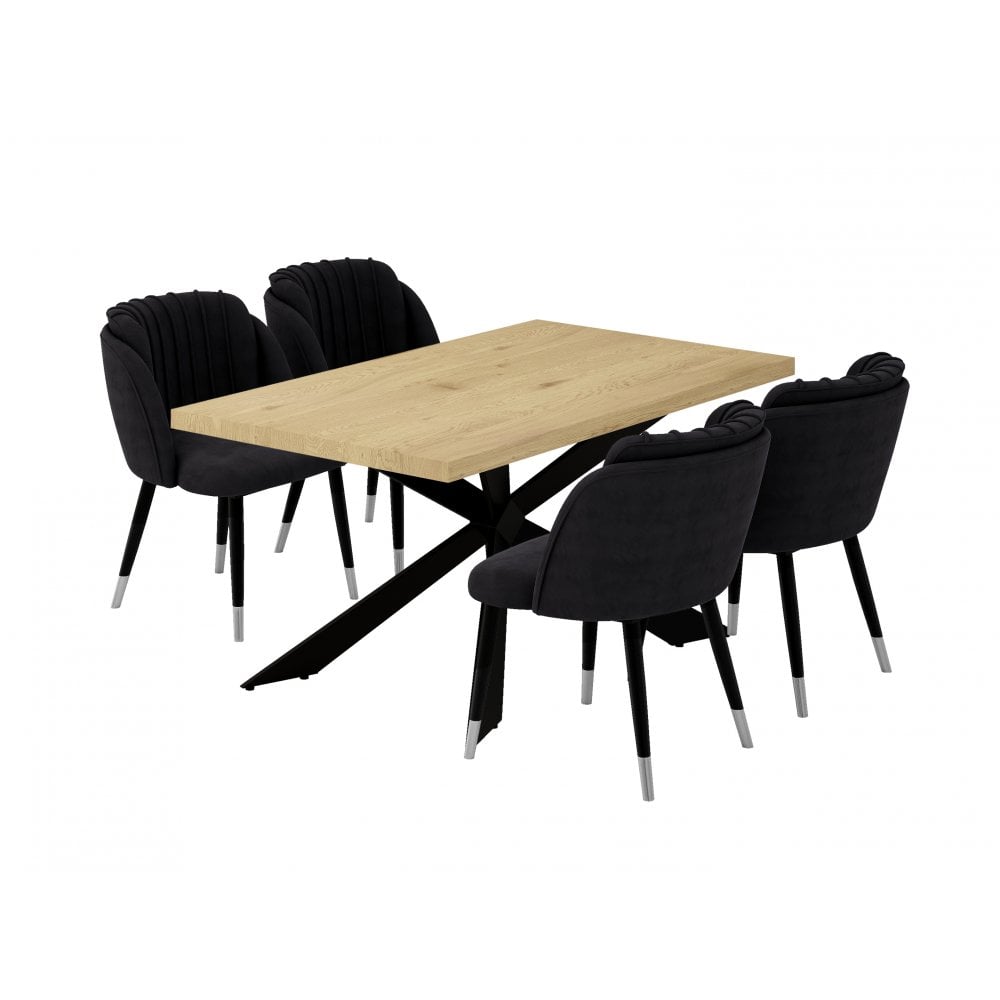 Milano Duke LUX Dining Set | a Oak Dining Table & 4 Dining Chairs with Silver End Caps