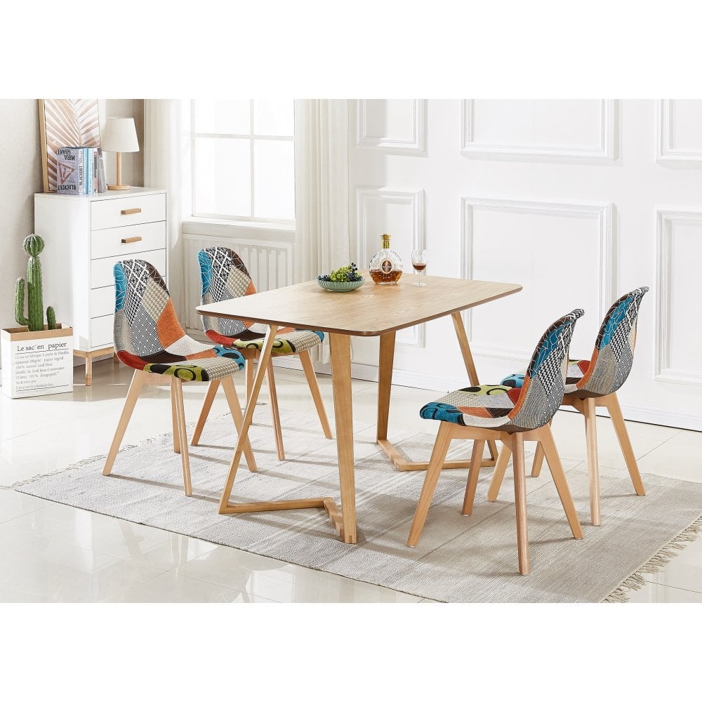 Patchwork Dallas Dining Set for 4 - a Dining Table & Set of 4 Pacthwork Fabric Dining Chairs - Scandinavian Desig