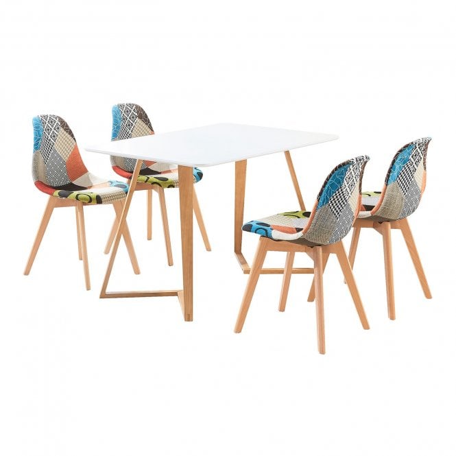Patchwork Dallas Dining Set for 4 - a Dining Table & Set of 4 Pacthwork Fabric Dining Chairs - Scandinavian Desig