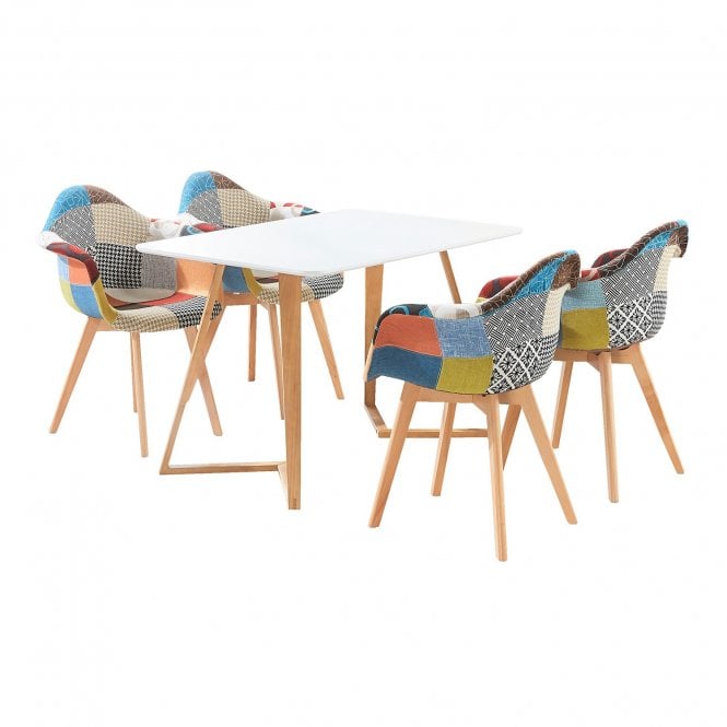 Patchwork Dallas Dining Set for 4 - a Wooden Dining Table & Set of 4 Pacthwork Tub Dining Chairs with Armrests - Scandinavian Design
