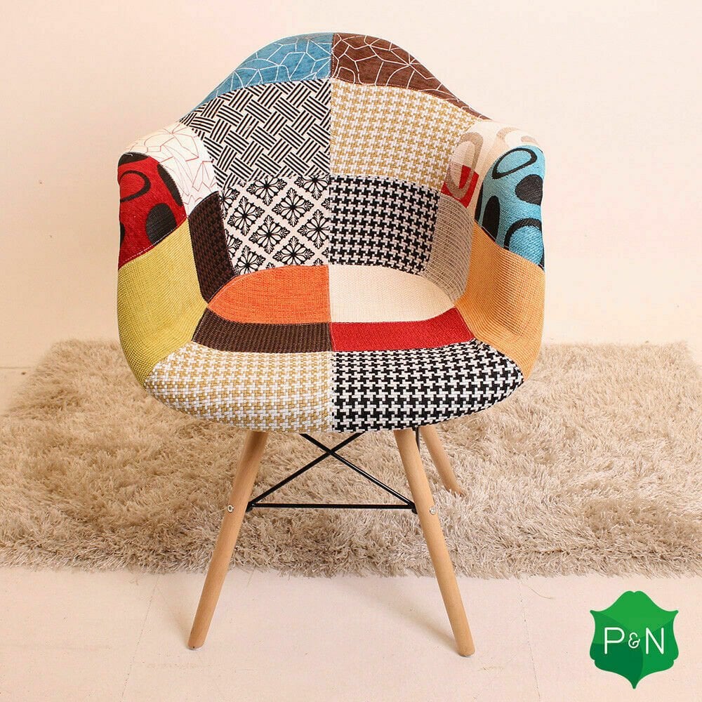 Patchwork Eiffel Tub Chair Fabric Upholstery - Wooden Legs with Metal Frame