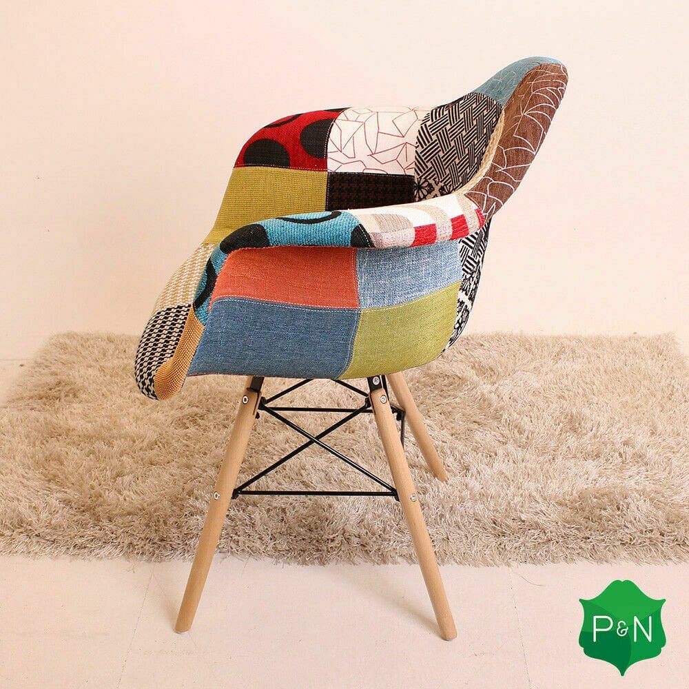 Patchwork Eiffel Tub Chair Fabric Upholstery - Wooden Legs with Metal Frame