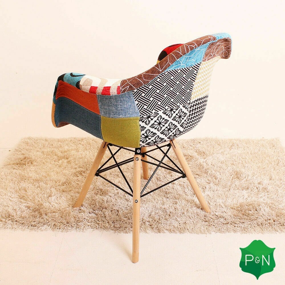 Patchwork Eiffel Tub Chair Fabric Upholstery - Wooden Legs with Metal Frame