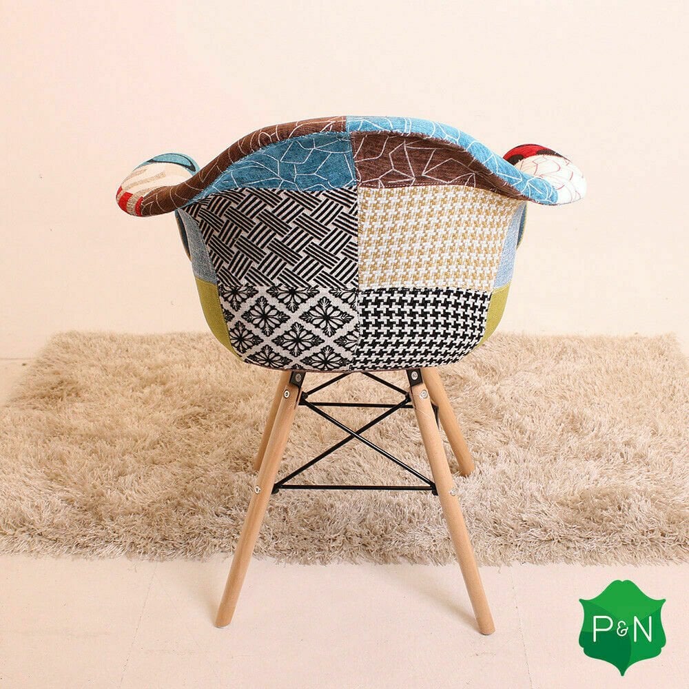 Patchwork Eiffel Tub Chair Fabric Upholstery - Wooden Legs with Metal Frame