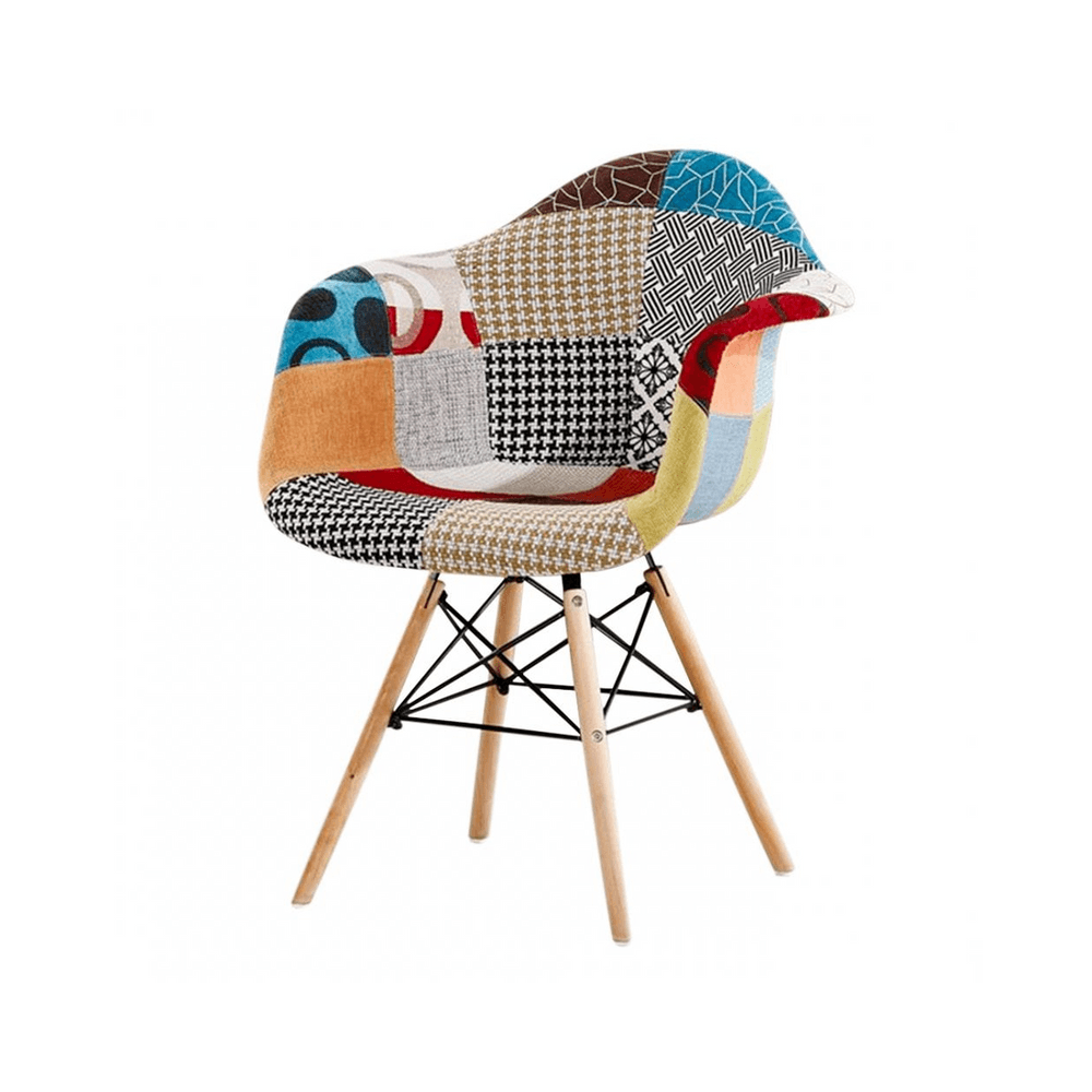 Patchwork Eiffel Tub Chair Fabric Upholstery - Wooden Legs with Metal Frame
