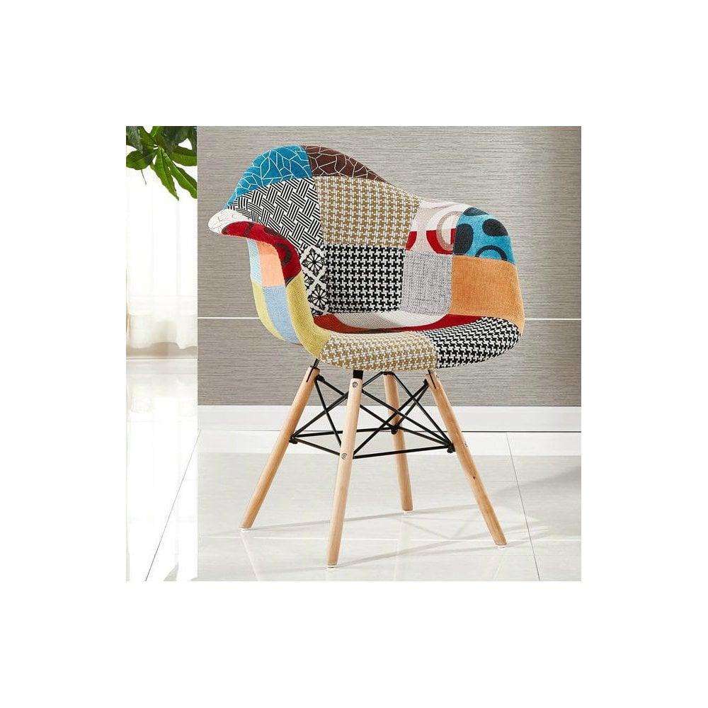 Patchwork Eiffel Tub Chair Fabric Upholstery - Wooden Legs with Metal Frame
