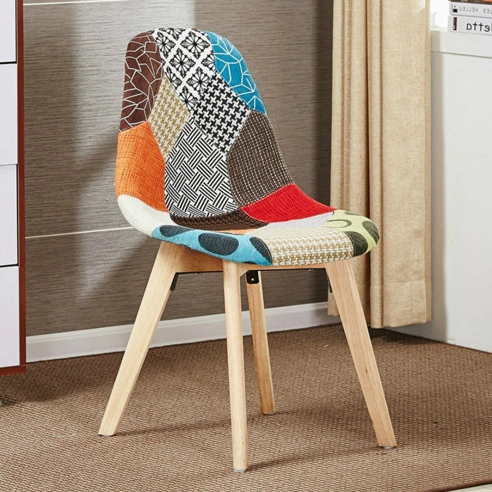 Patchwork Fabric Chair with Wooden Legs - Multicoloured