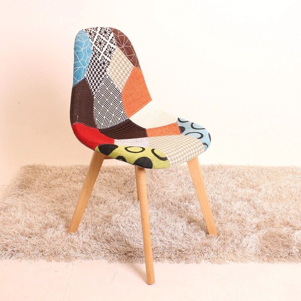 Patchwork Fabric Chair with Wooden Legs - Multicoloured
