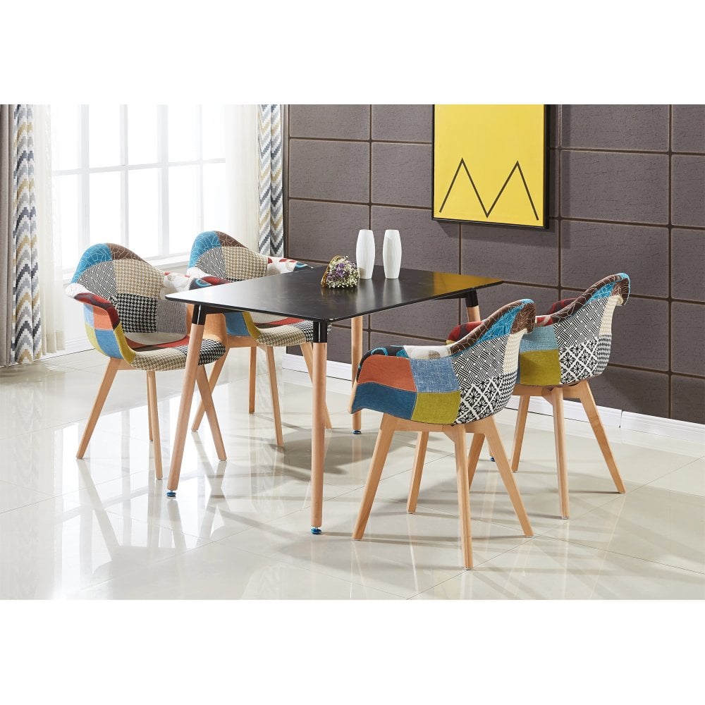 Patchwork Halo Dining Set - Set of 4 Tub Retro Chairs with Armrests & a Halo Table w/ Solid Wooden Legs