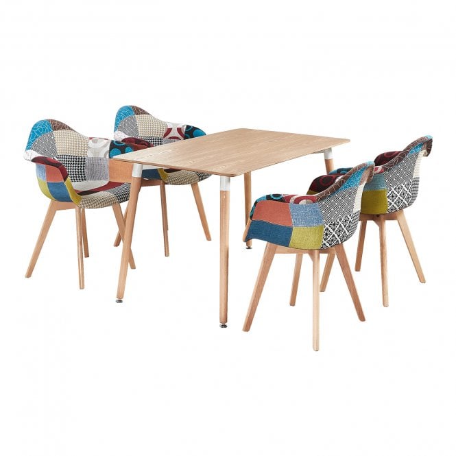 Patchwork Halo Dining Set - Set of 4 Tub Retro Chairs with Armrests & a Halo Table w/ Solid Wooden Legs