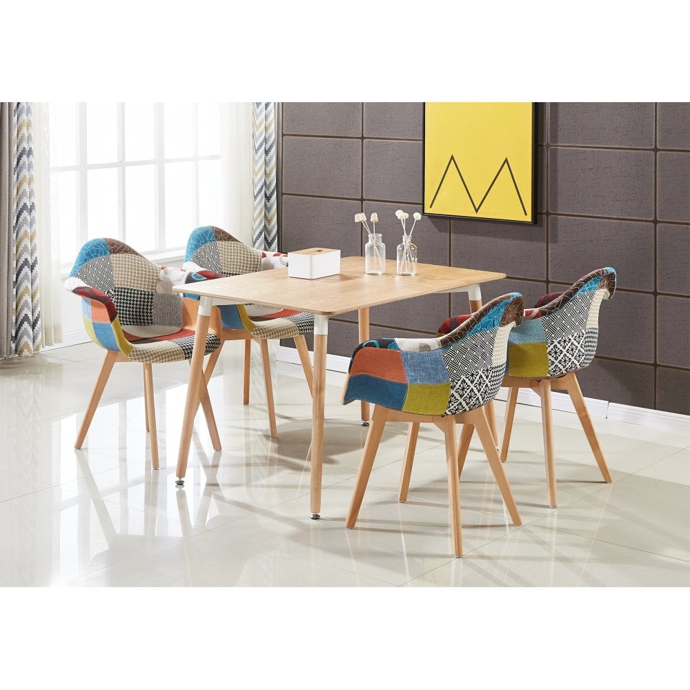 Patchwork Halo Dining Set - Set of 4 Tub Retro Chairs with Armrests & a Halo Table w/ Solid Wooden Legs