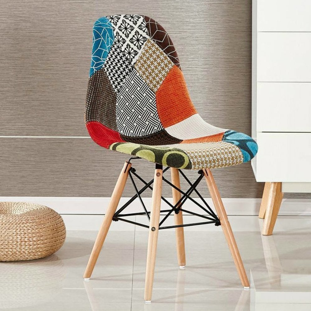 Patchwork Tulip Fabric Dining Chair w/ Wooden Legs & Metal Frame