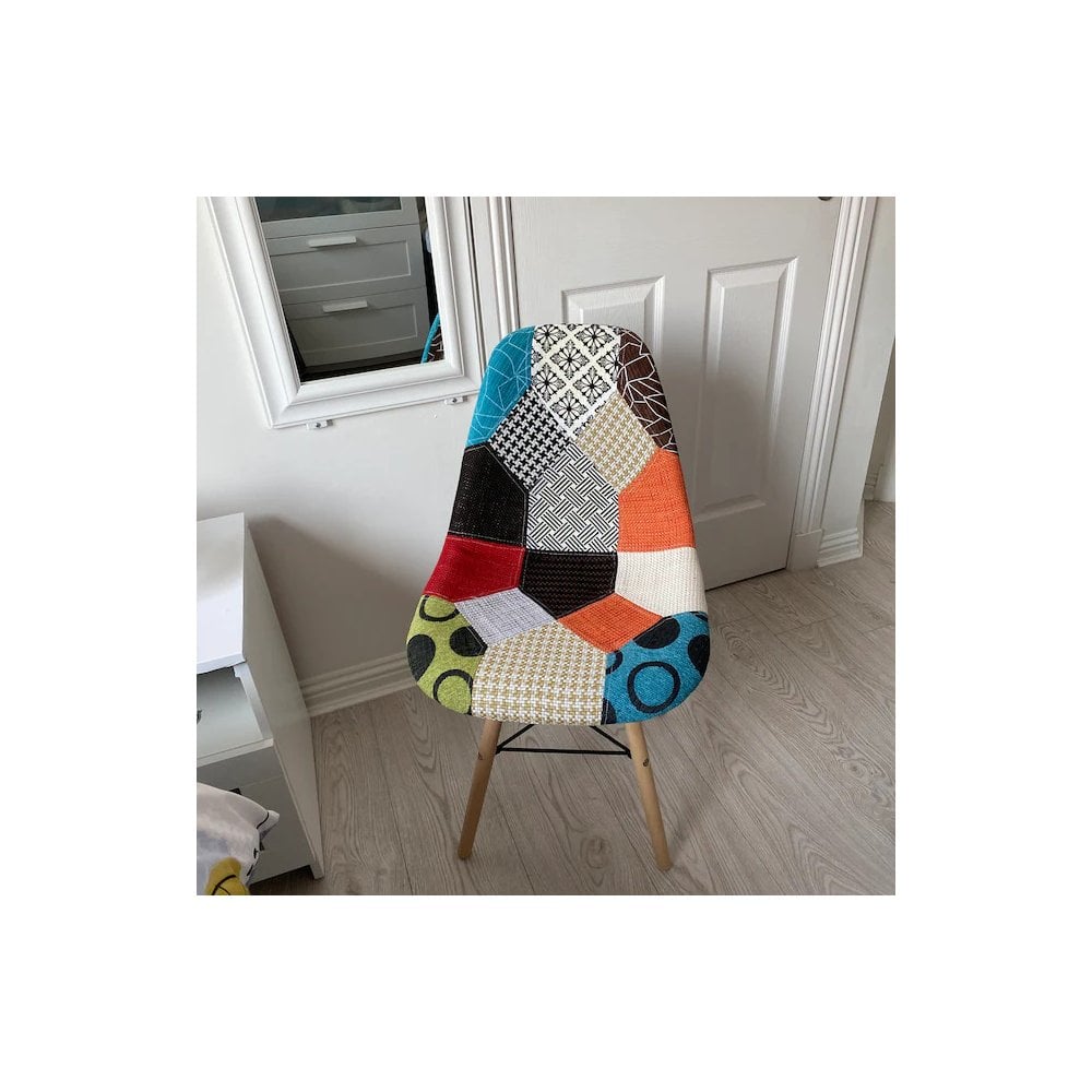 Patchwork Tulip Fabric Dining Chair w/ Wooden Legs & Metal Frame