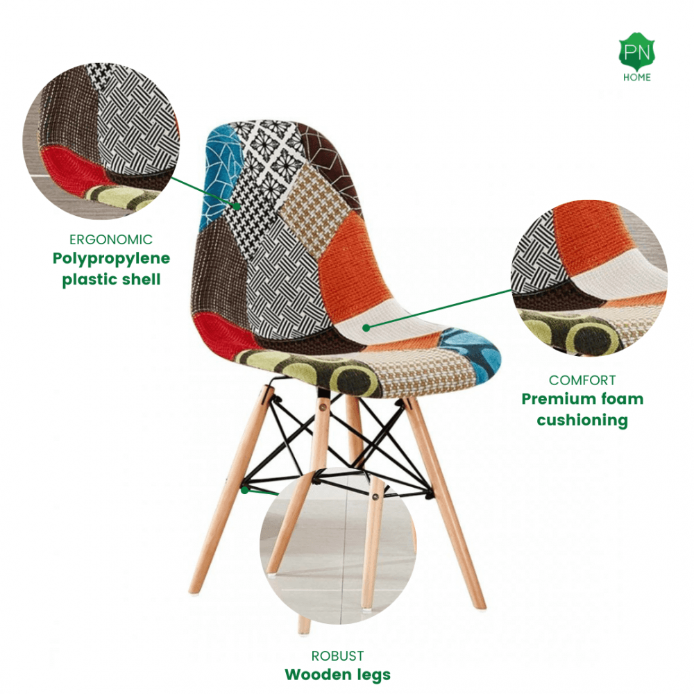 Patchwork Tulip Fabric Dining Chair w/ Wooden Legs & Metal Frame