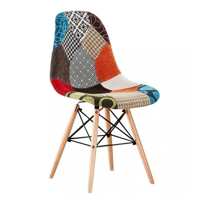 Patchwork Tulip Fabric Dining Chair w/ Wooden Legs & Metal Frame